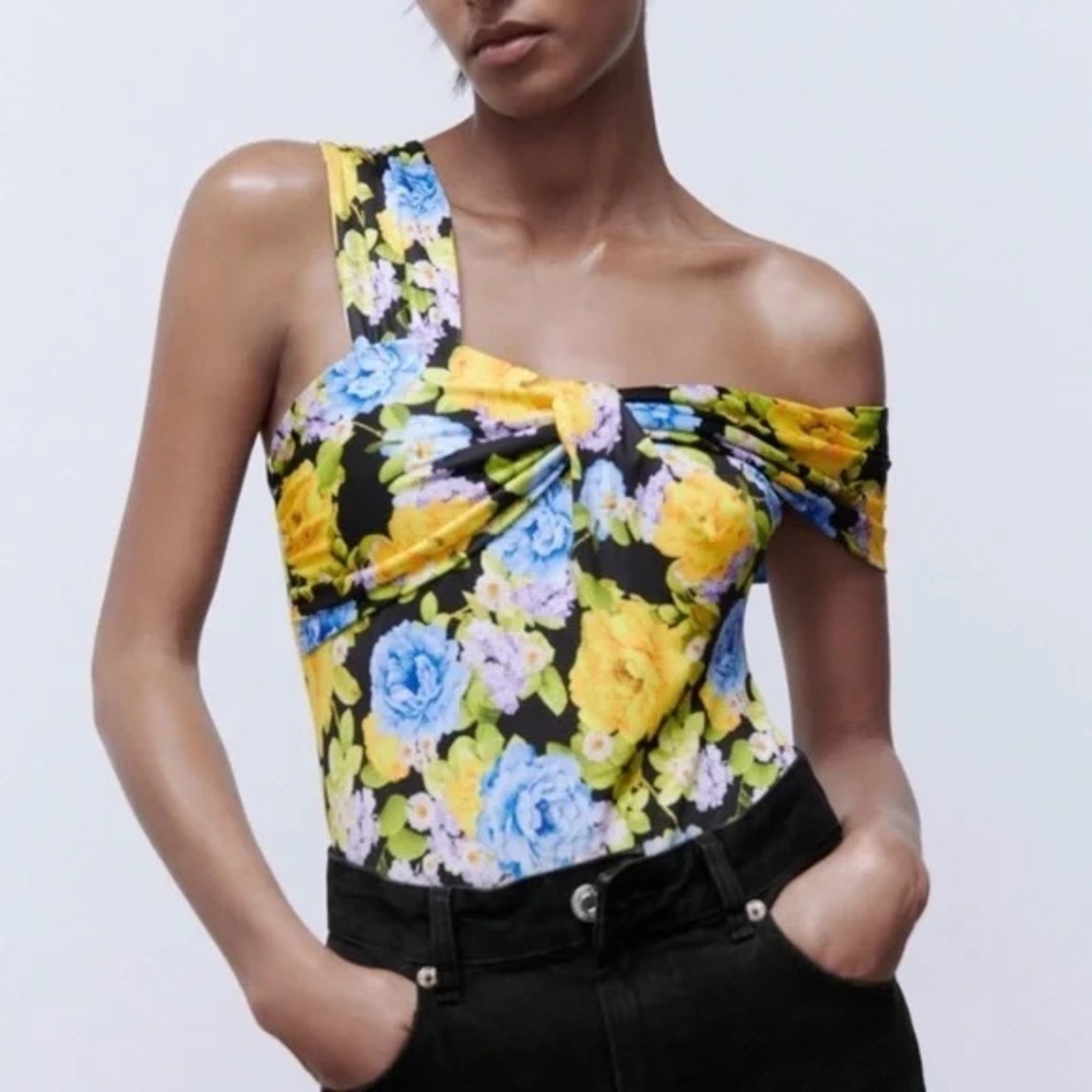 New ZARA Floral Bodysuit Yellow Blue Black Size Small Women’s